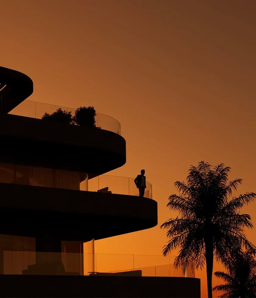 Silhouette of a person standing on a terrace at sunset with palm trees in the background.