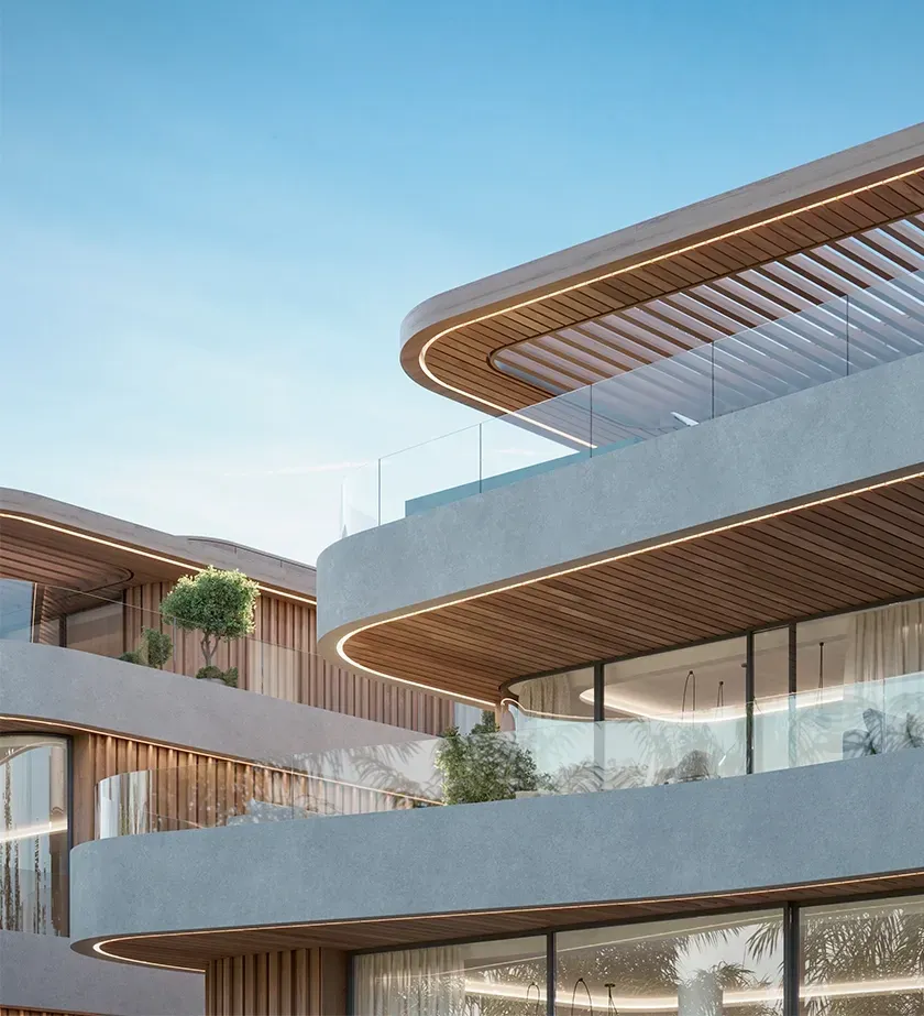Close-up of the building’s curved balconies with wooden soffits, integrated lighting, and lush greenery.