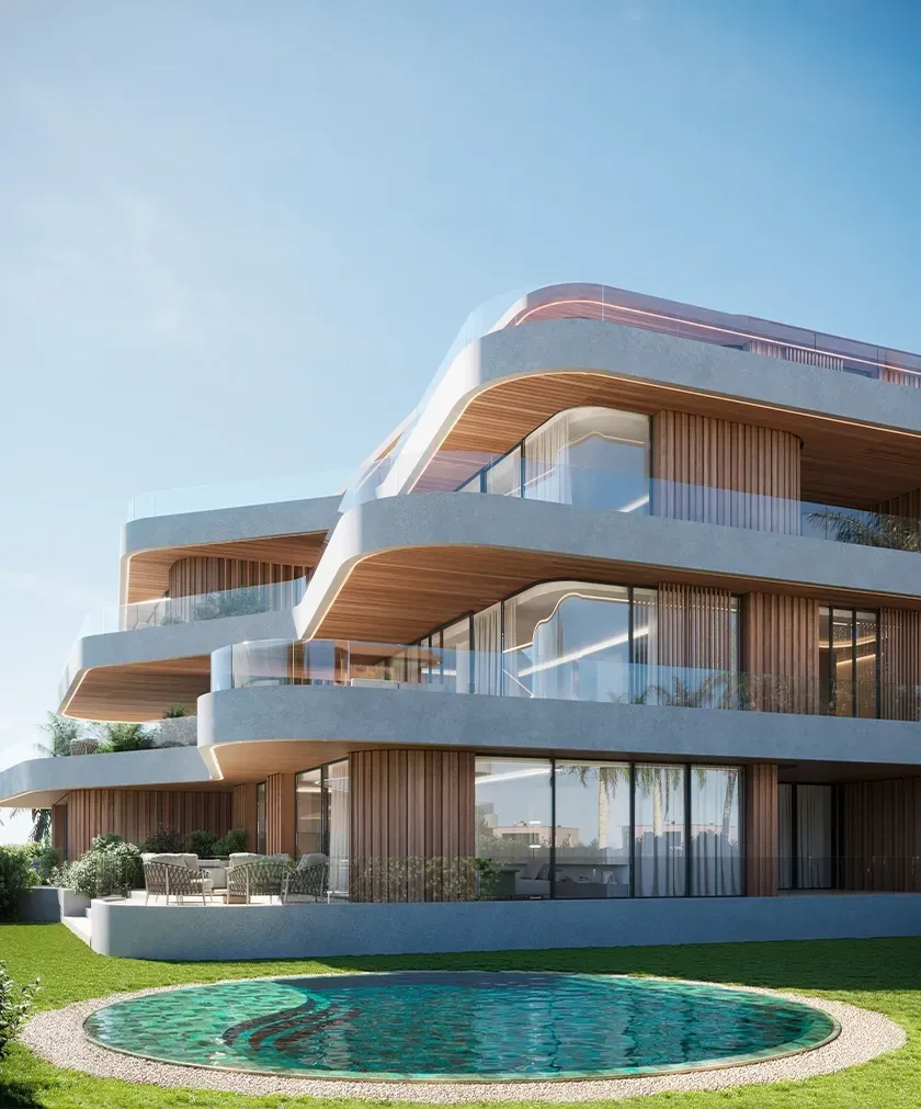 Side angle of the façade featuring flowing curves, vertical slats and a circular pool in the garden.