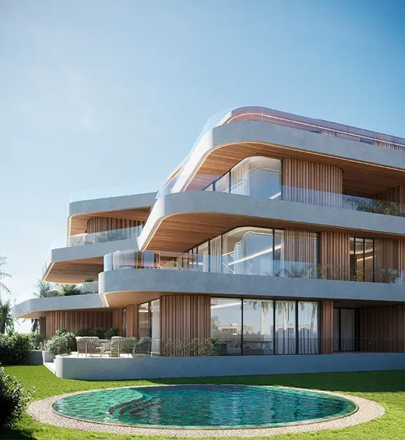 Side angle of the façade featuring flowing curves, vertical slats and a circular pool in the garden.