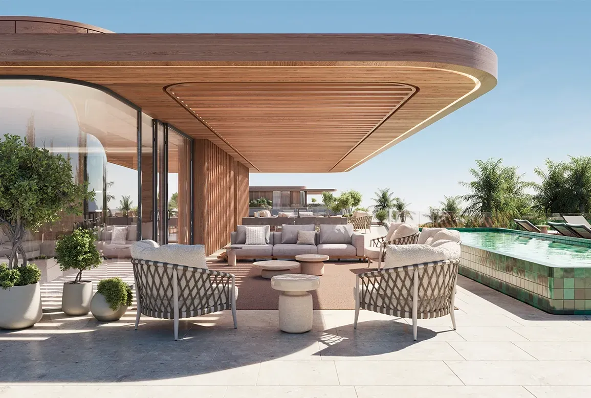 Penthouse terrace with pool, shaded lounge area and panoramic views of the surrounding landscape.