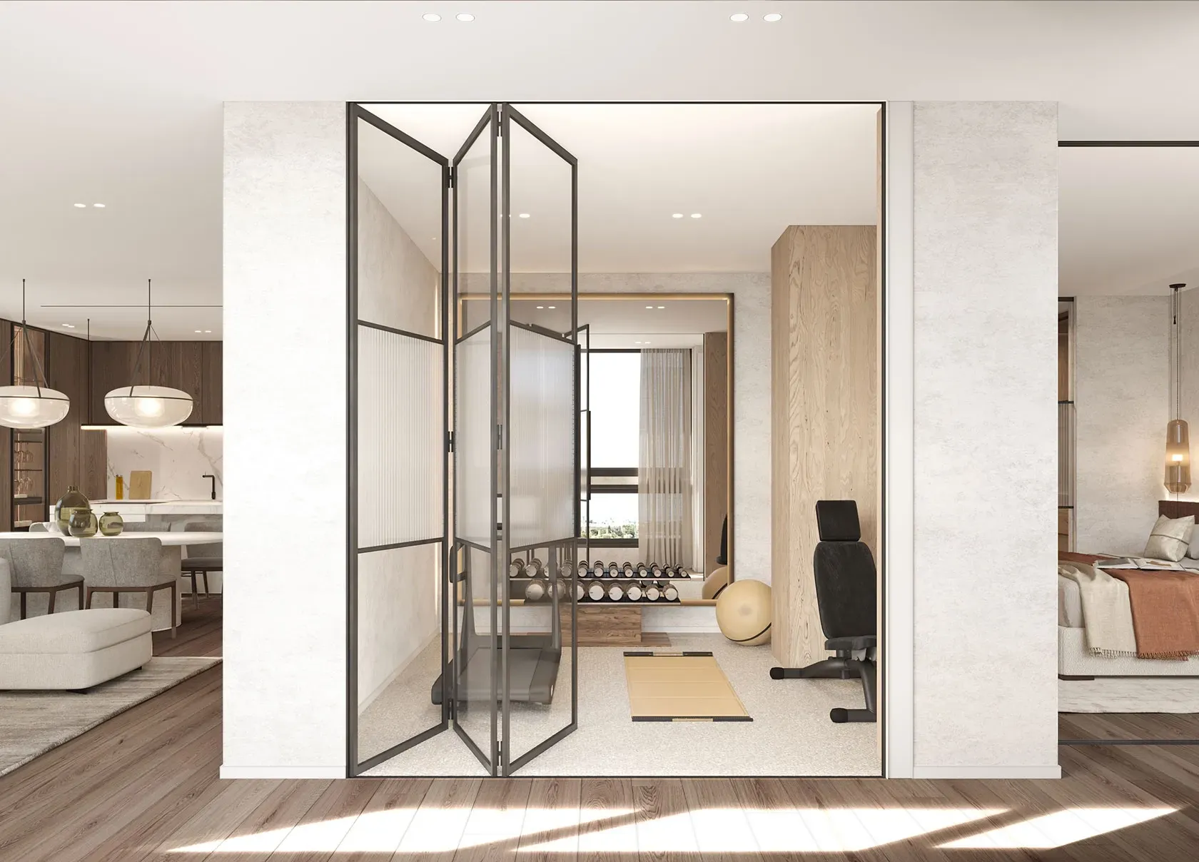 Compact home gym with treadmill, weights and fitness accessories, enclosed in glass with neutral walls and wood accents for an elegant wellness space.