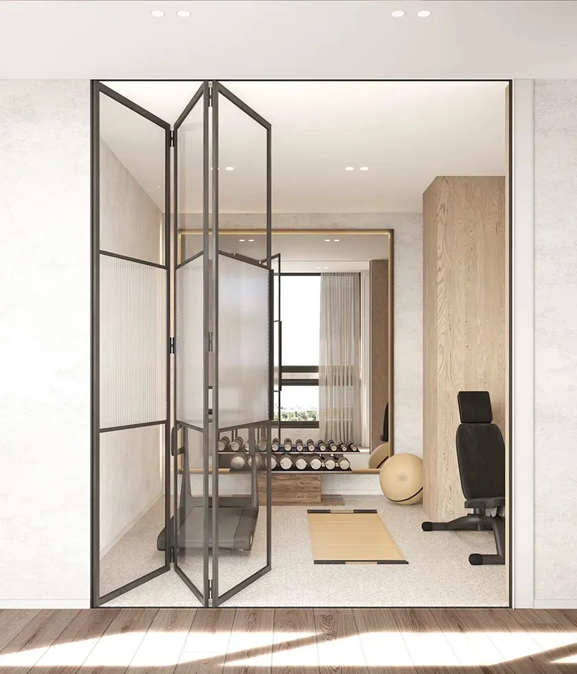Compact home gym with treadmill, weights and fitness accessories, enclosed in glass with neutral walls and wood accents for an elegant wellness space.