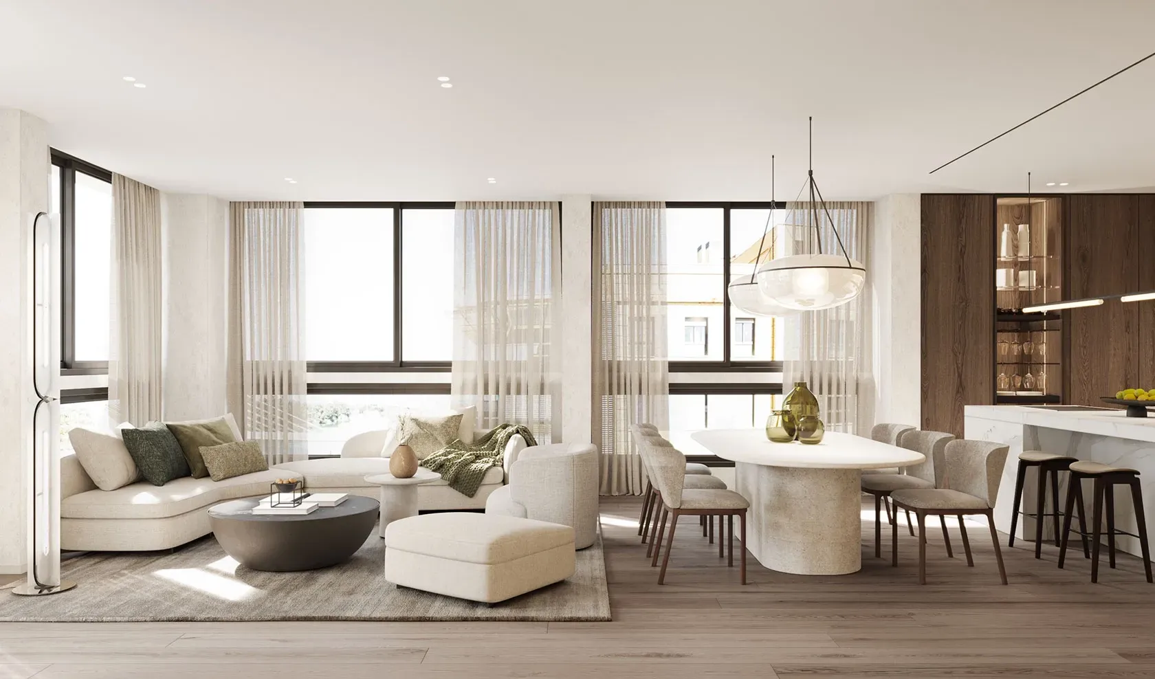 Spacious living and dining area with custom furniture, curved white sofa, and natural light, designed in soft neutrals and Mediterranean tones.