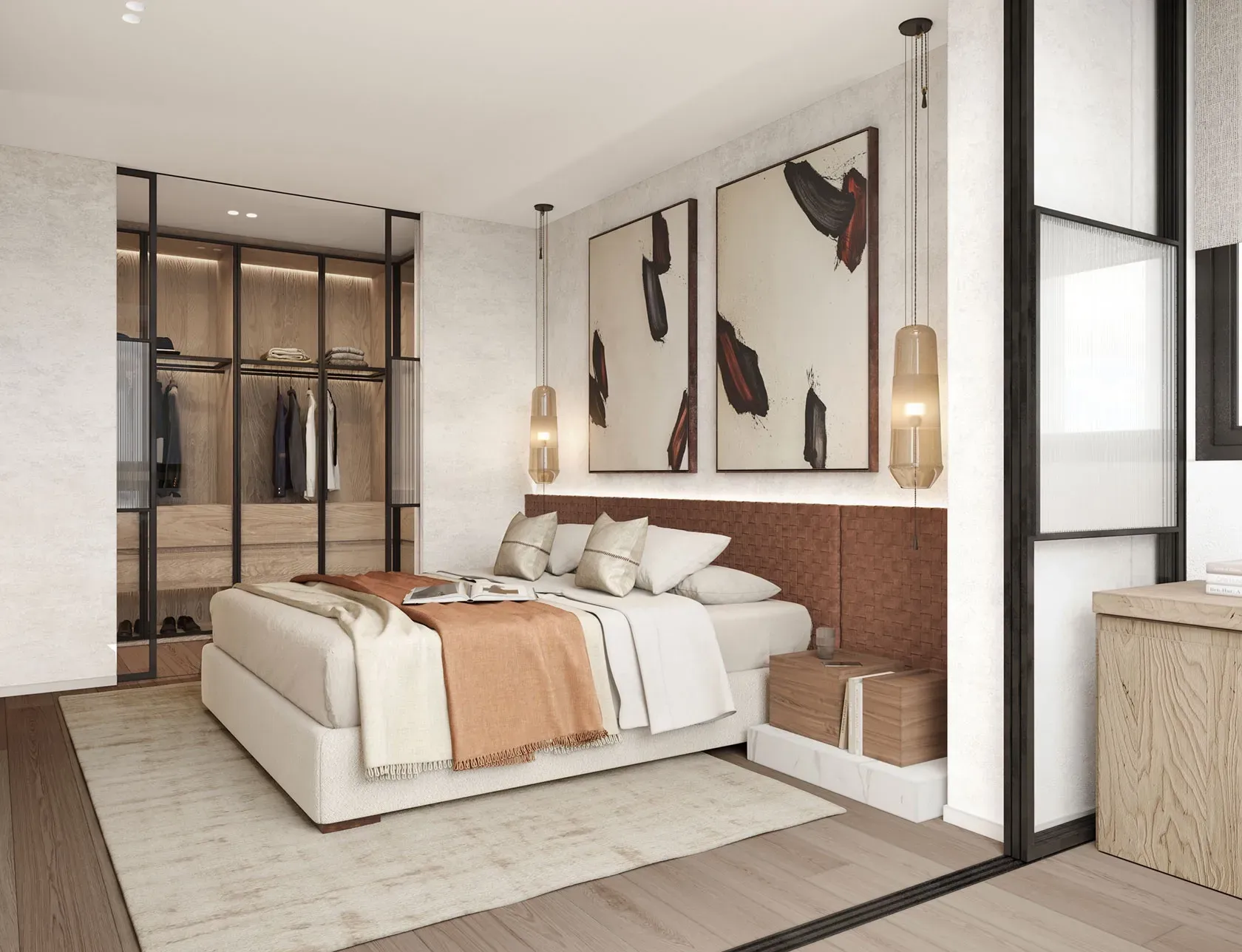 Elegant bedroom with open walk-in closet, woven headboard, warm bedding and framed art, styled with a sophisticated yet relaxed aesthetic.
