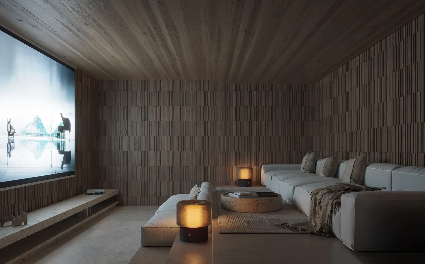Dark luxury home cinema with ambient lighting, large screen, and sleek finishes, creating a cozy entertainment space in Punta Cana residence.