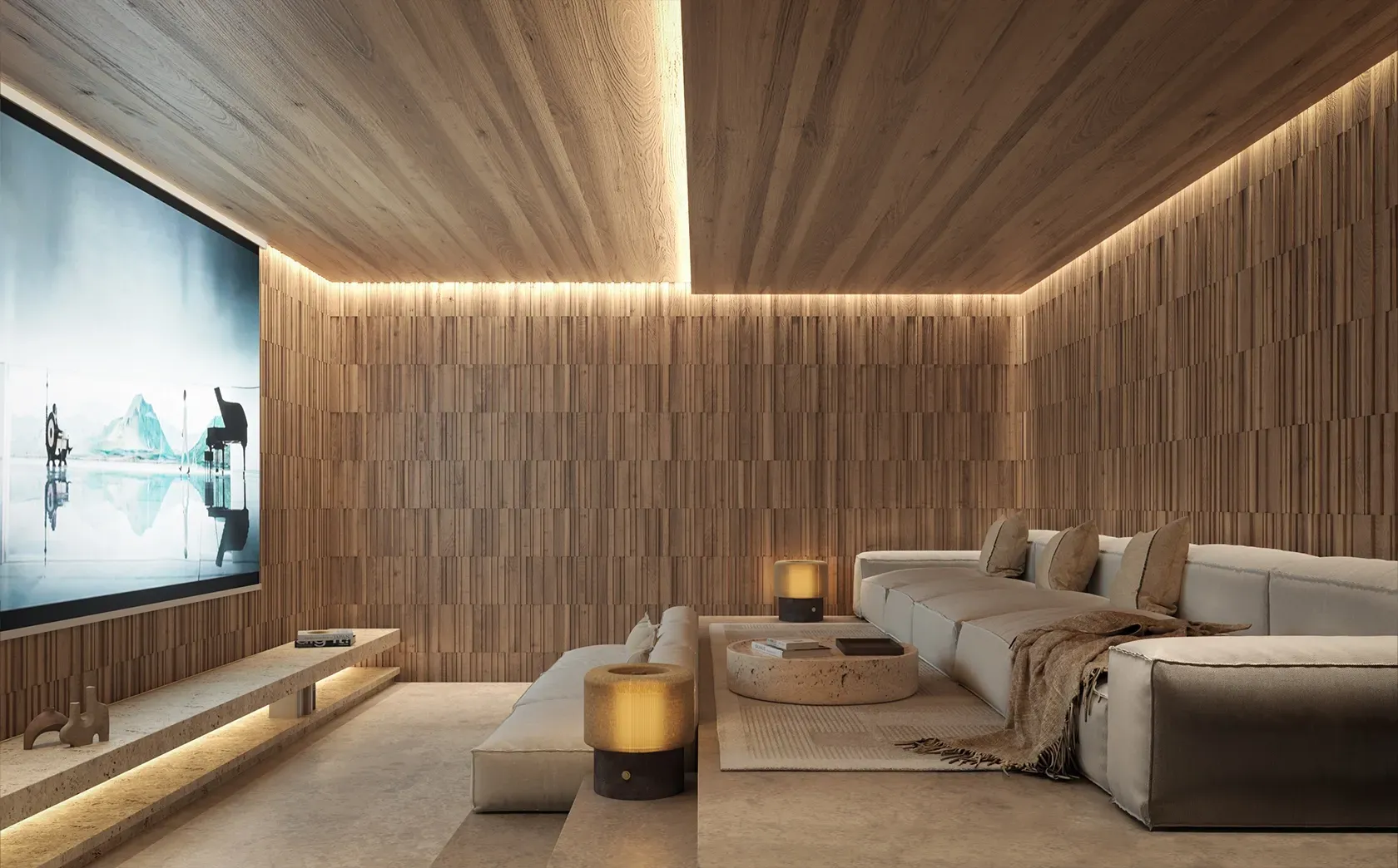 Home theater with illuminated ceiling, plush seating, and aquarium backdrop, combining luxury and leisure in a Punta Cana architectural gem.