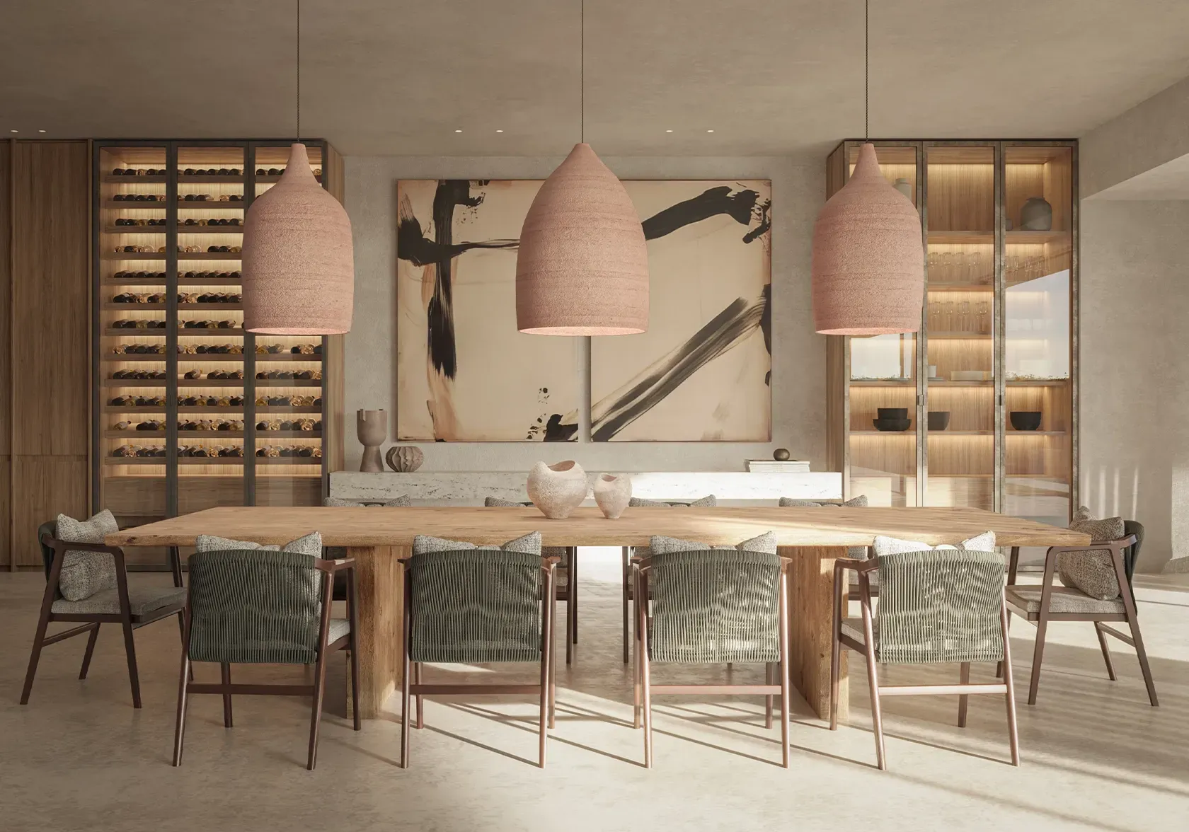 Modern dining room with sculptural lighting, natural wood elements, and elegant table setting, designed for luxury living in Punta Cana.