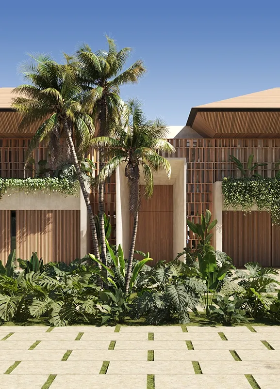 Stylish entrance with tropical landscaping and sleek architectural lines, offering a warm welcome to this luxury Punta Cana villa.