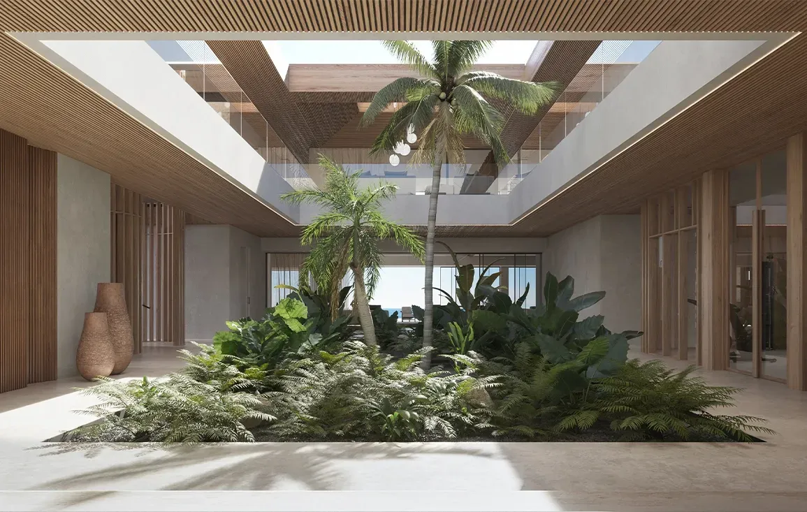 Interior courtyard with tropical garden and skylight, blending luxury architecture and nature in Punta Cana villa.