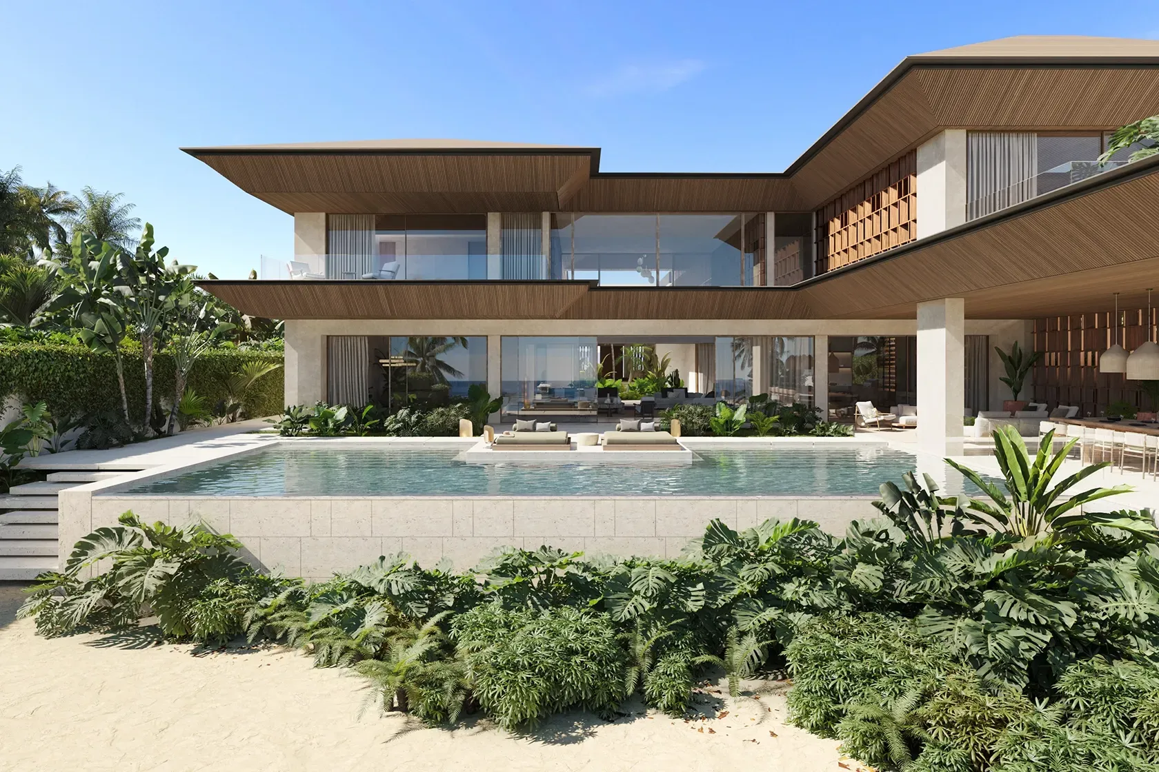 Contemporary luxury villa with beachfront pool, expansive terraces and tropical landscaping in Punta Cana.