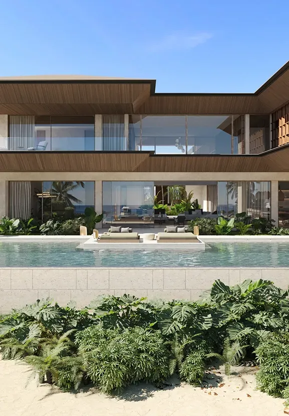 Contemporary luxury villa with beachfront pool, expansive terraces and tropical landscaping in Punta Cana.