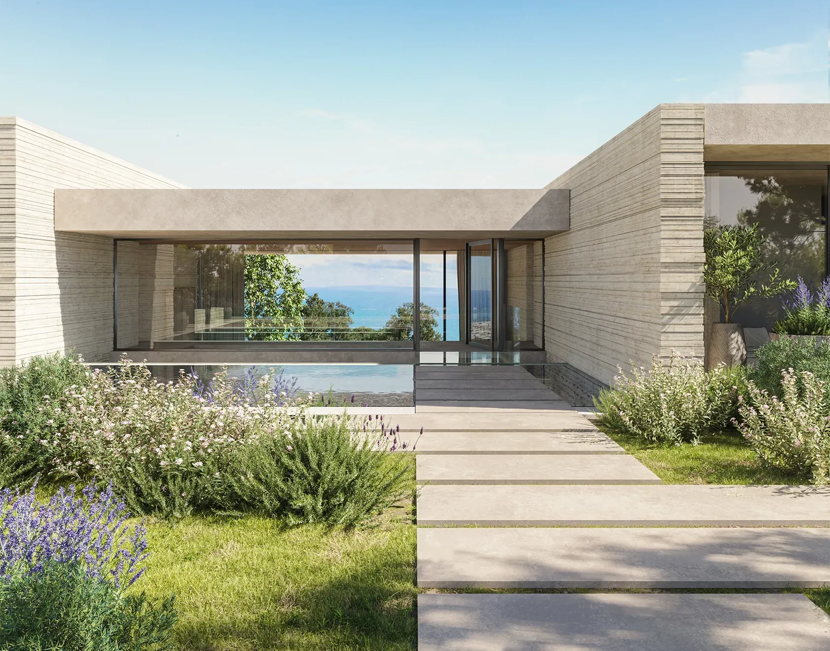 Minimalist luxury entrance path framed by greenery, leading to a modern architectural villa with sea views.