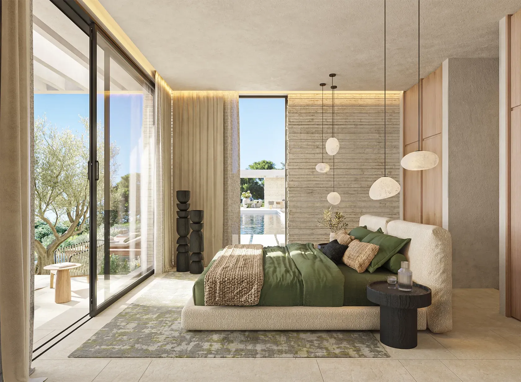 Elegant suite with panoramic glass doors, green accents and luxury interior design overlooking the outdoor pool area.