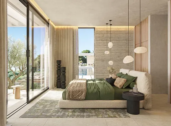 Elegant suite with panoramic glass doors, green accents and luxury interior design overlooking the outdoor pool area.