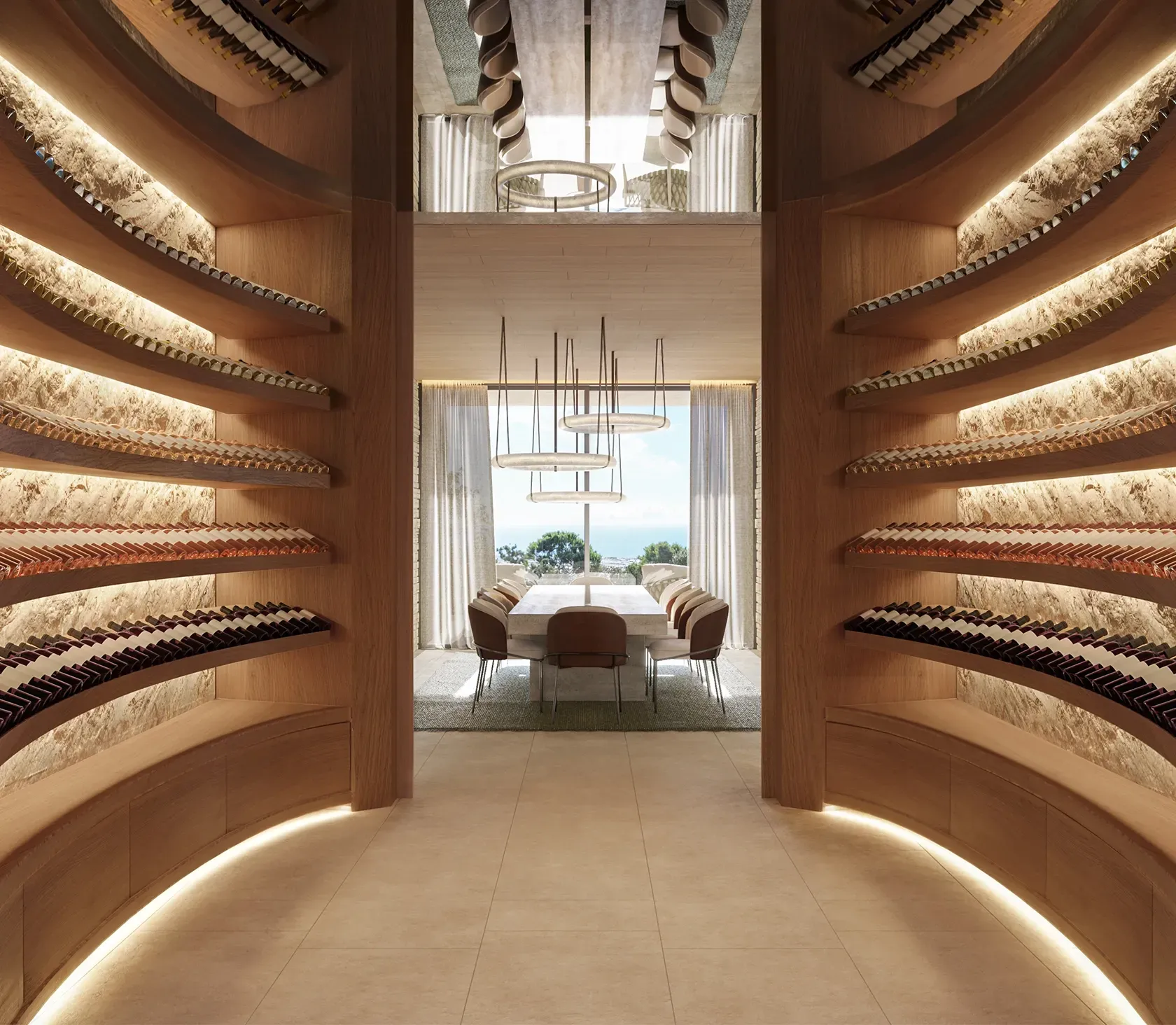Curved wooden wine cellar with integrated lighting leading to a luxury dining room with sea views.