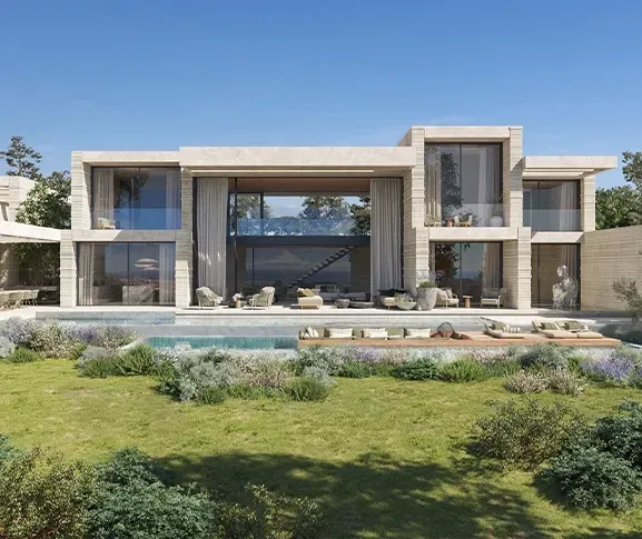 Modern luxury villa with glass façade and landscaped garden surrounding a serene infinity-edge pool.