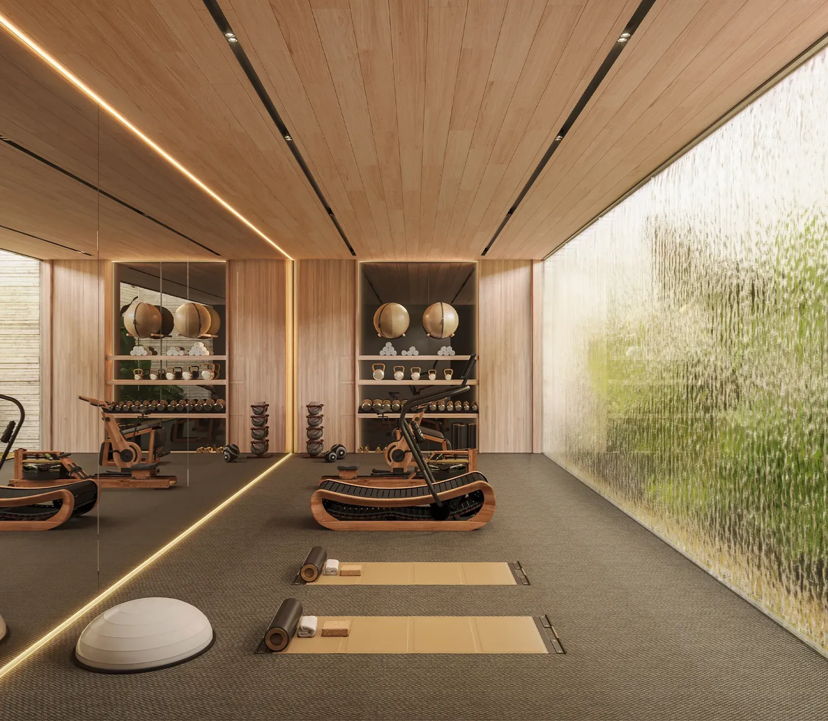 Sleek home gym with wooden ceiling, designer equipment and a glass wall with cascading water feature.
