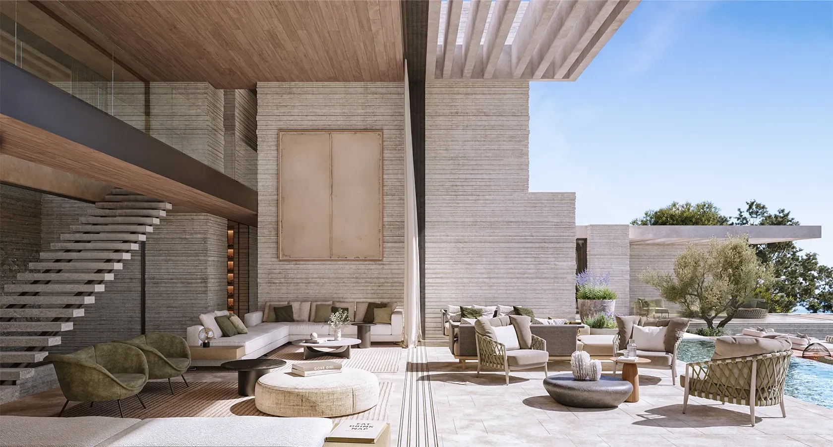 Open-plan luxury living space with modern architecture, floating staircase, and seamless indoor-outdoor connection to poolside lounge.