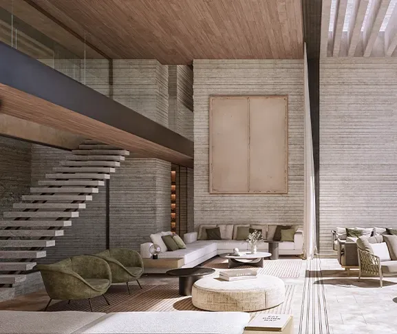 Open-plan luxury living space with modern architecture, floating staircase, and seamless indoor-outdoor connection to poolside lounge.
