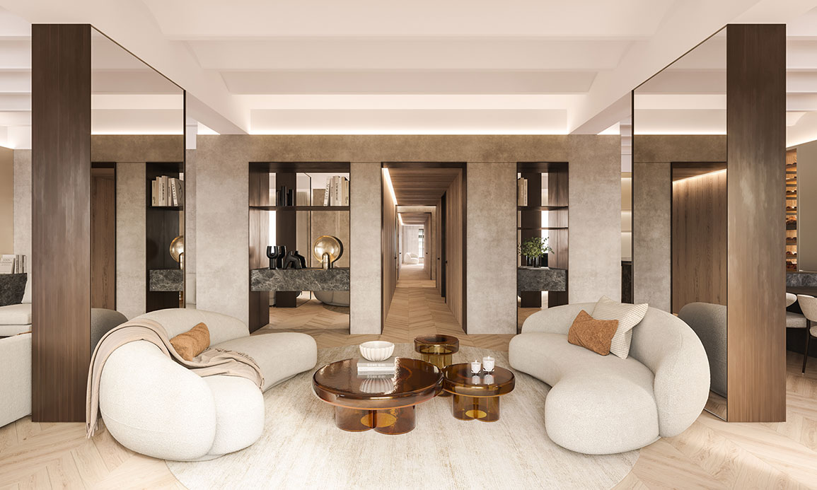 Refined lounge space featuring rounded sofas, mirrored columns, and warm neutral tones in luxury architecture.