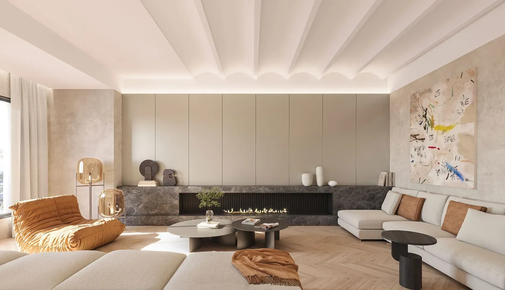 Contemporary living room with fireplace, sculptural decor, and luxury architectural finishes under a vaulted ceiling.