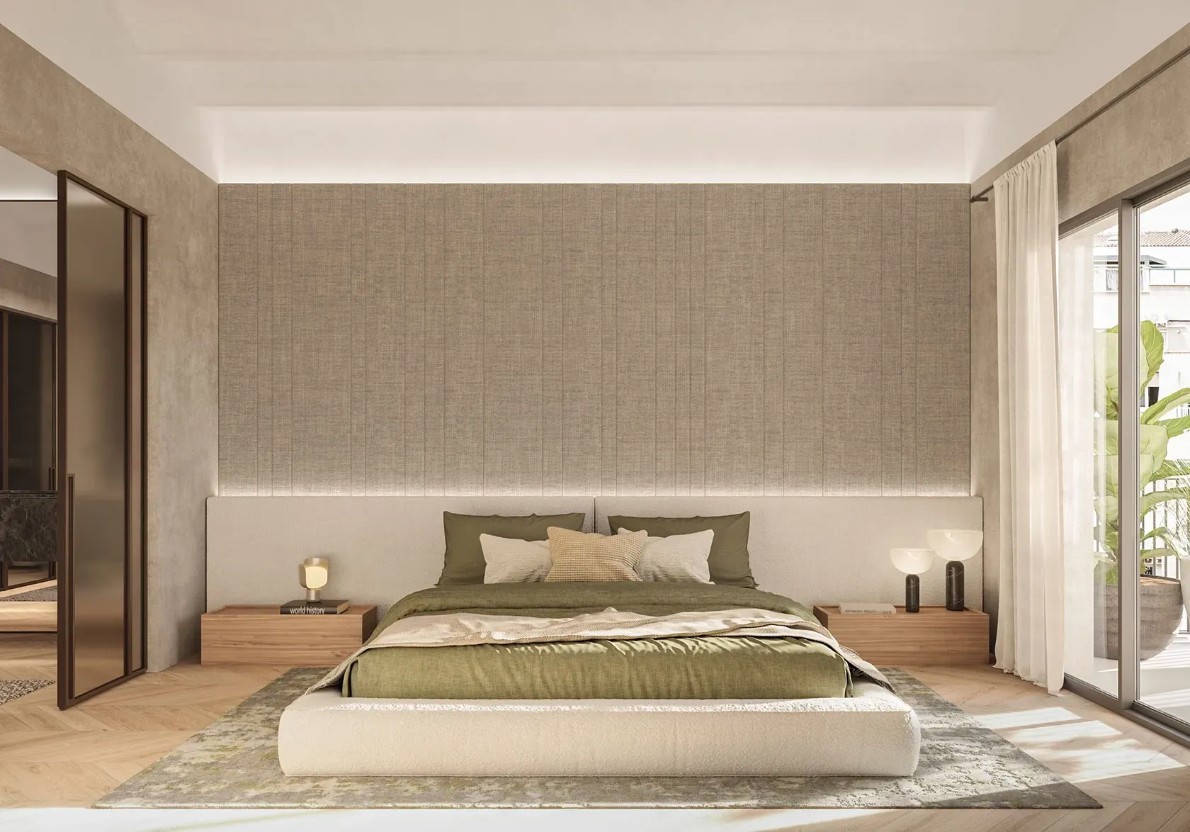Serene master bedroom with green bedding, soft textures, and natural light in a refined luxury architectural setting.