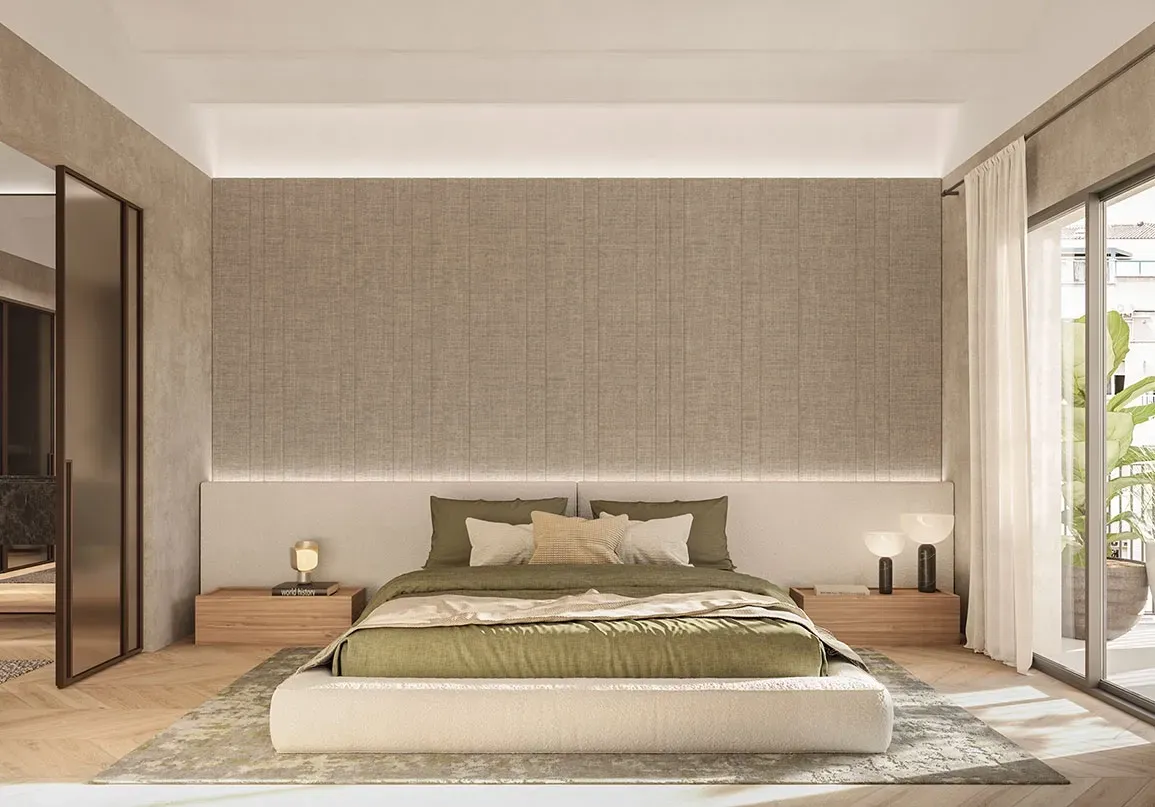 Serene master bedroom with green bedding, soft textures, and natural light in a refined luxury architectural setting.