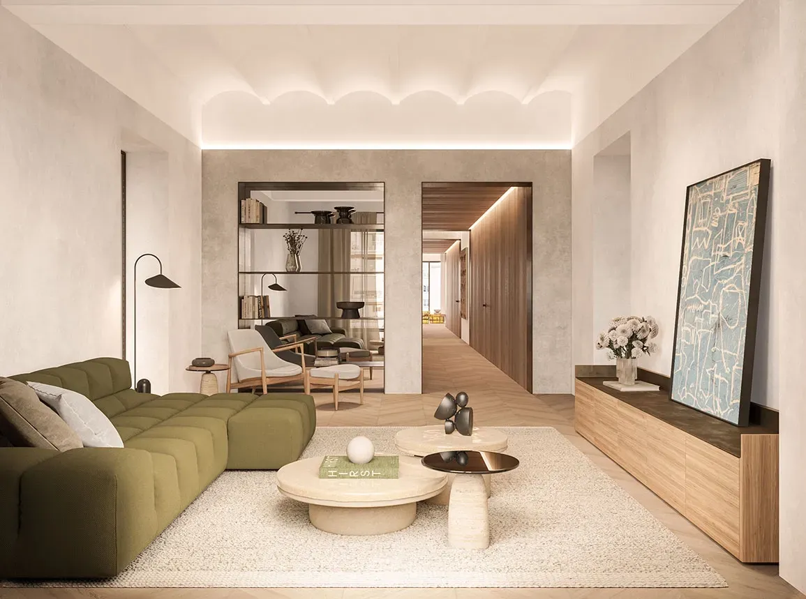 Cozy living area with olive green sofa, neutral tones, and elegant interior architecture with warm lighting.