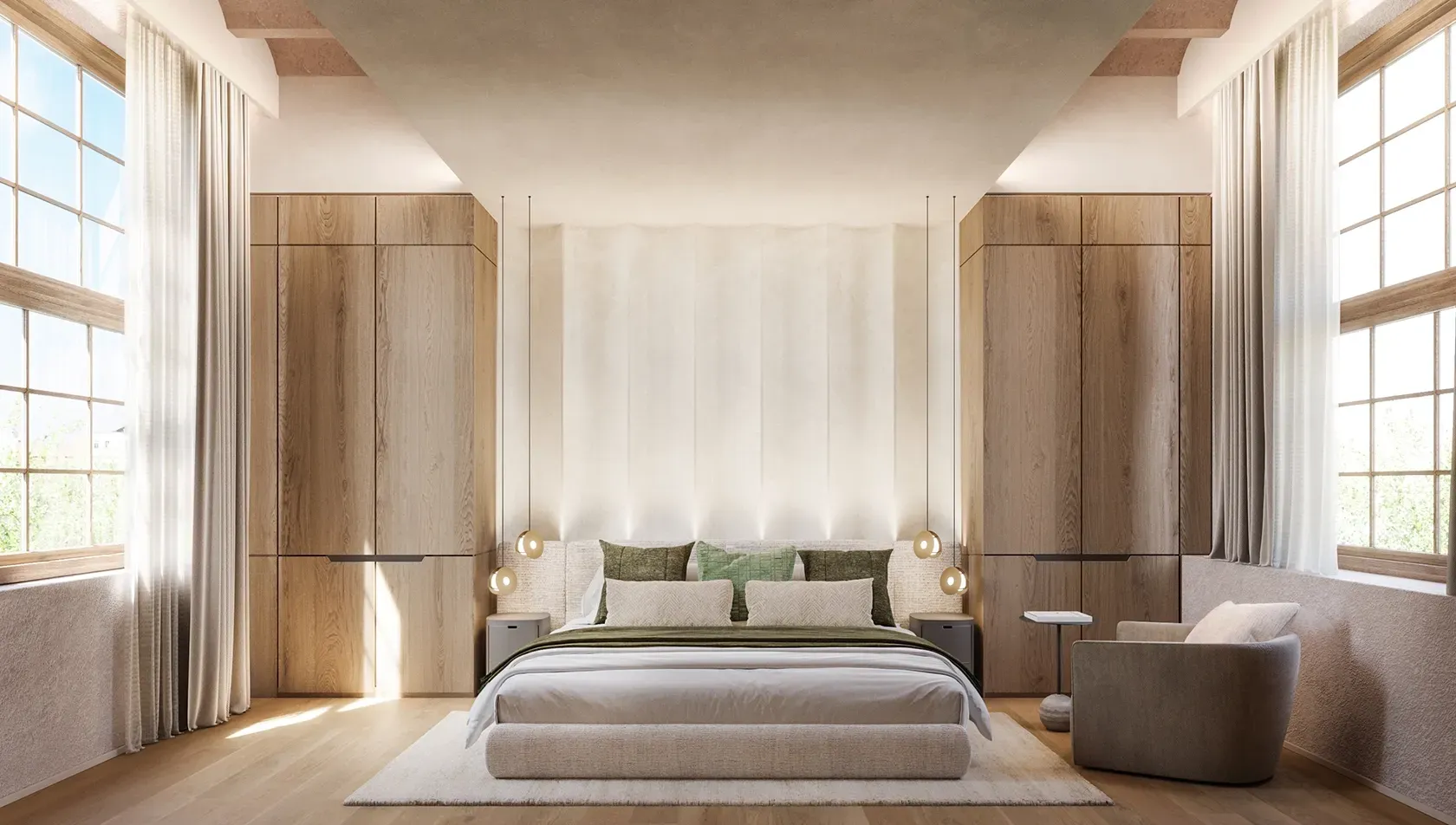 Serene bedroom with soft neutral tones and custom wood cabinetry, reflecting Luv studio’s refined design.