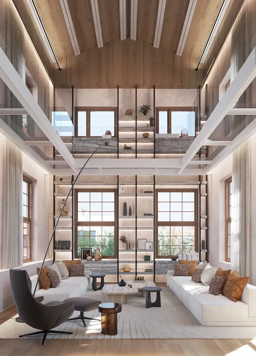 Double-height living room with built-in shelving and soft furnishings, crafted by Luv studio.