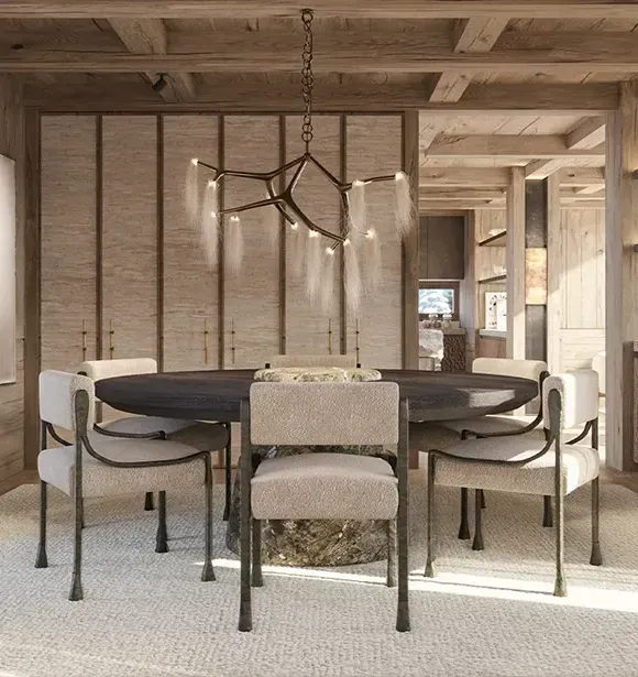 Elegant dining room with wood-paneled interior, sculptural chandelier, and luxury alpine architecture.