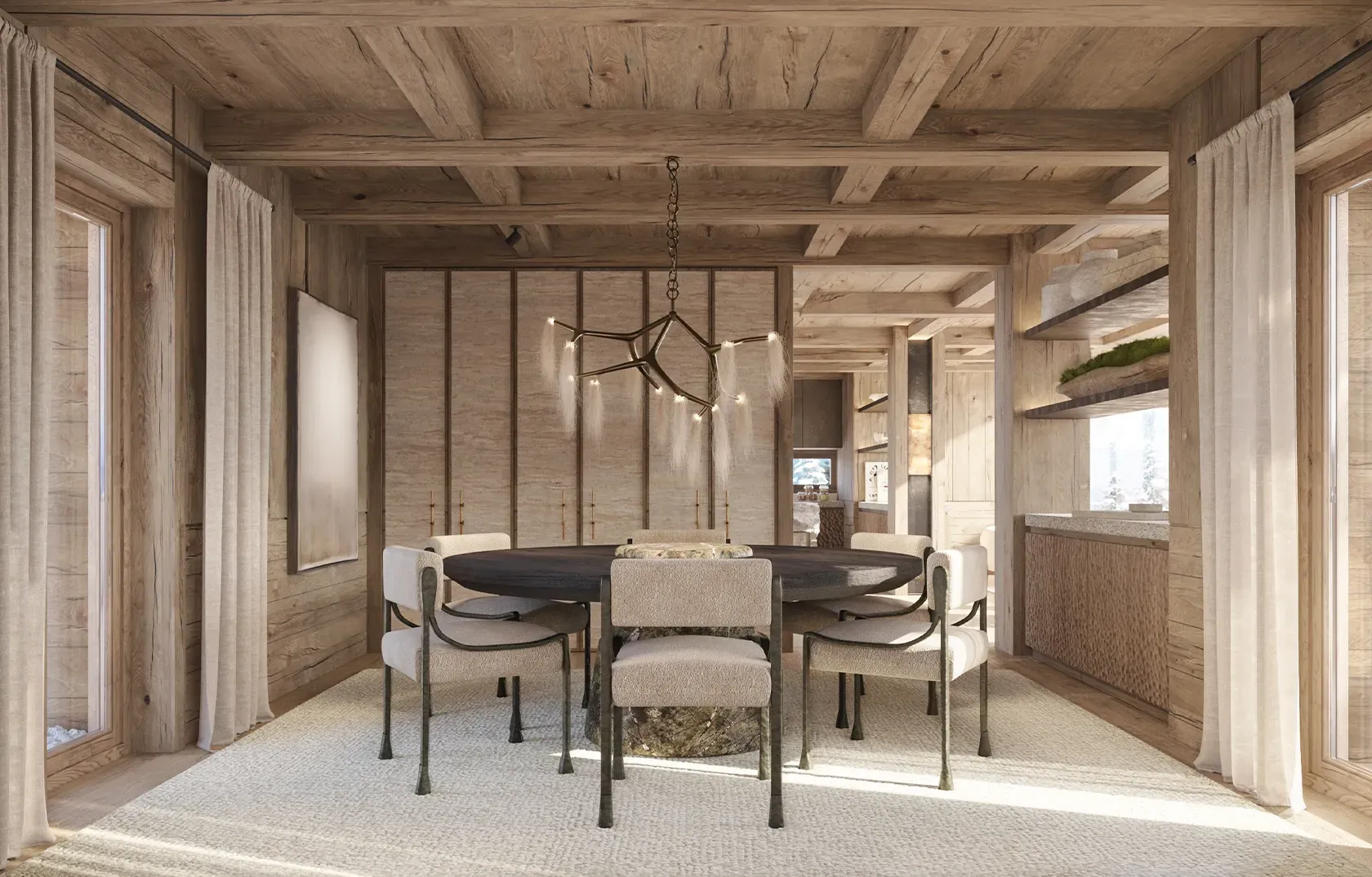 Elegant dining room with wood-paneled interior, sculptural chandelier, and luxury alpine architecture.