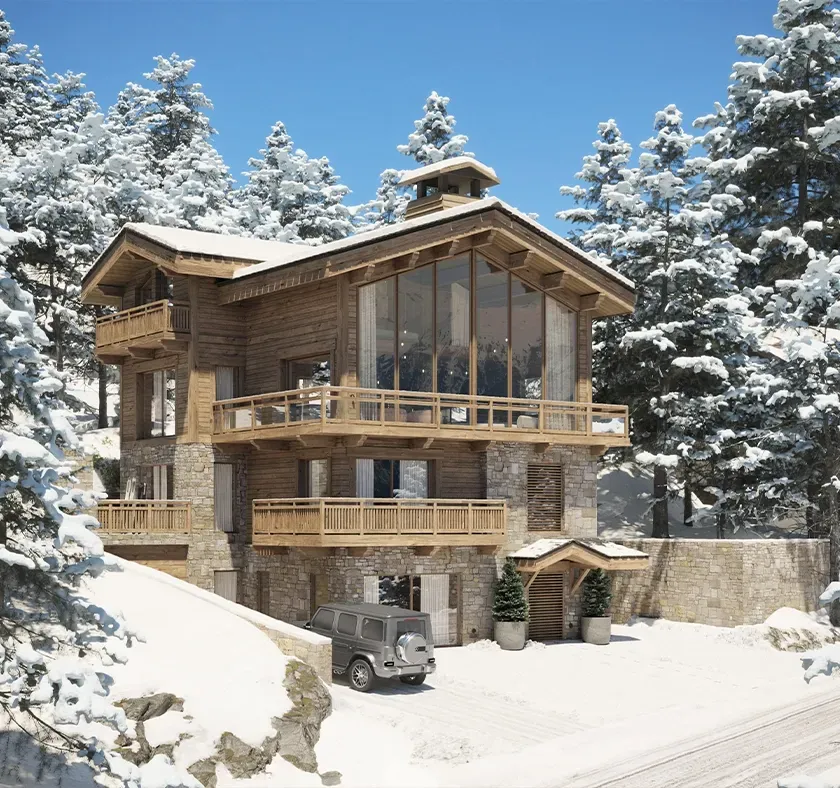 Wood and stone chalet surrounded by snowy forest, showcasing luxury alpine architecture and panoramic windows.