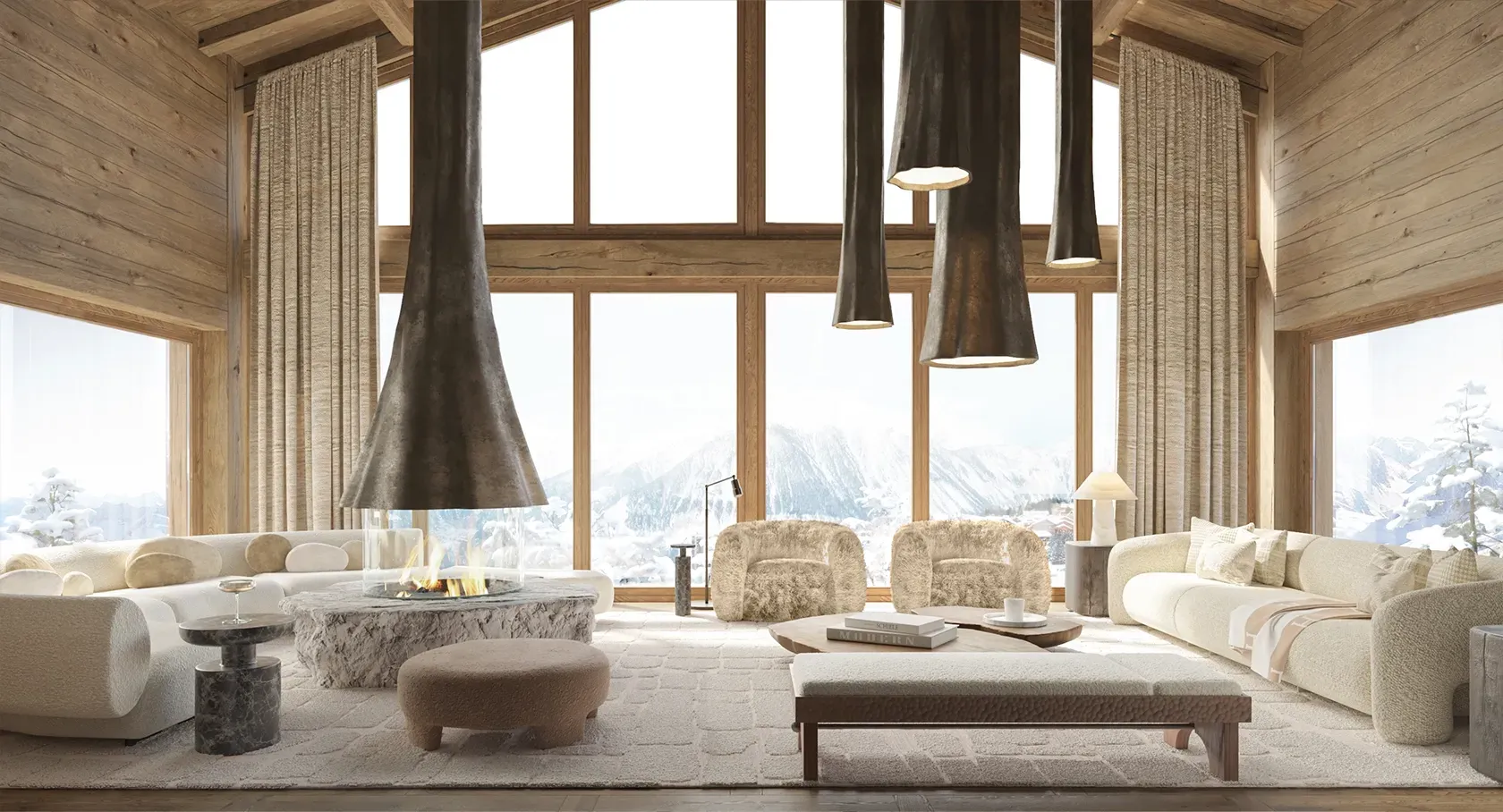Spacious alpine living room with panoramic mountain views, luxury architecture, and sculptural hanging fireplaces.