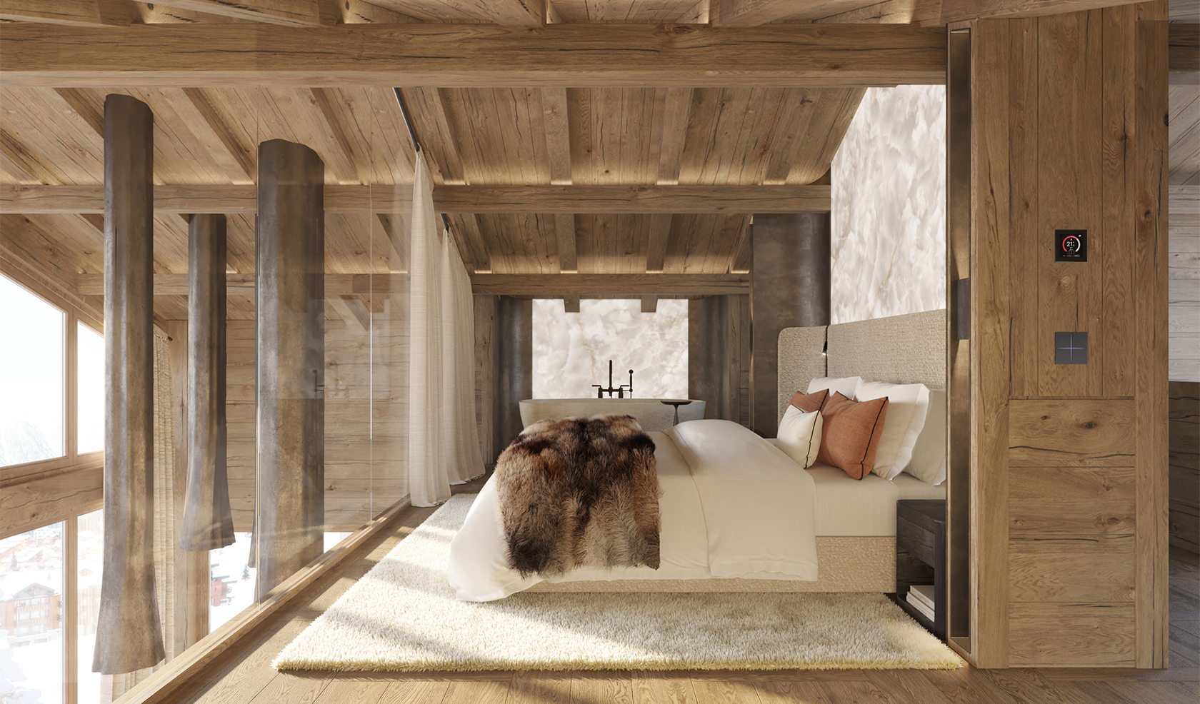 Warm master bedroom with soft lighting, wood ceiling, and glass walls framing dramatic luxury alpine architecture.