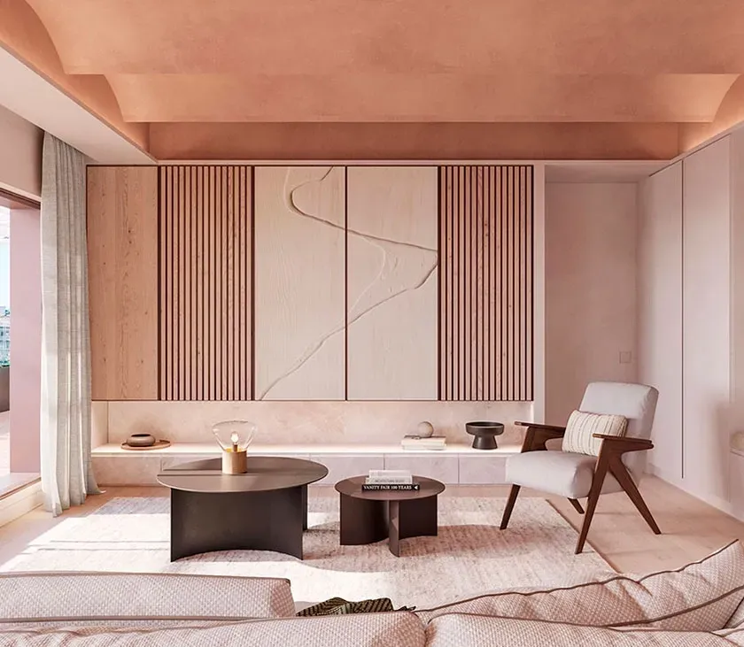 Contemporary living room showcasing sculpted panels, soft furnishings, and luxury architecture with terrace views.