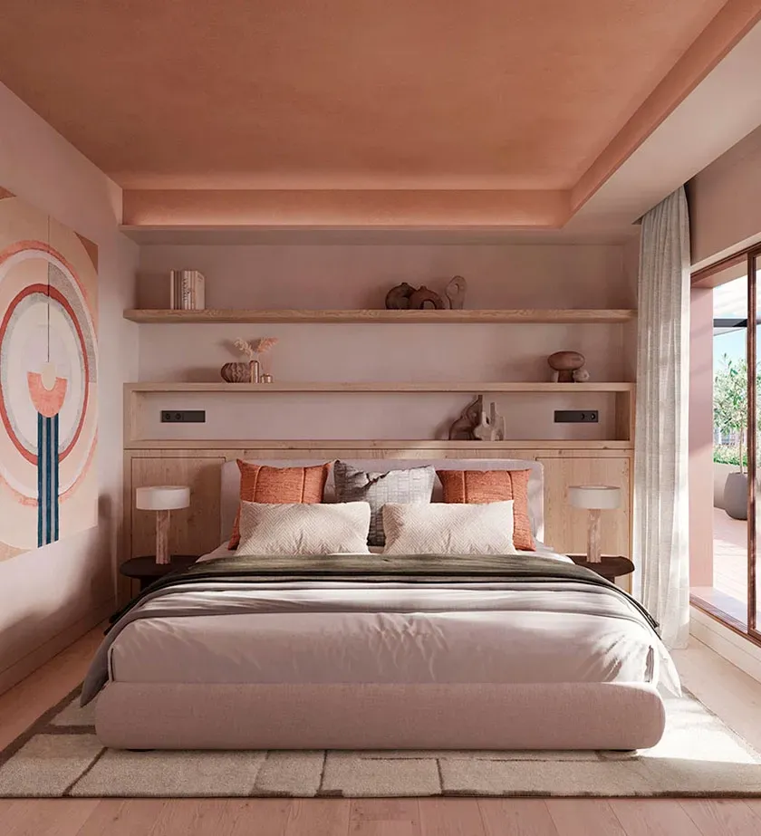 Cozy guest bedroom featuring natural tones, modern art, and access to a terrace in a luxury architectural setting.