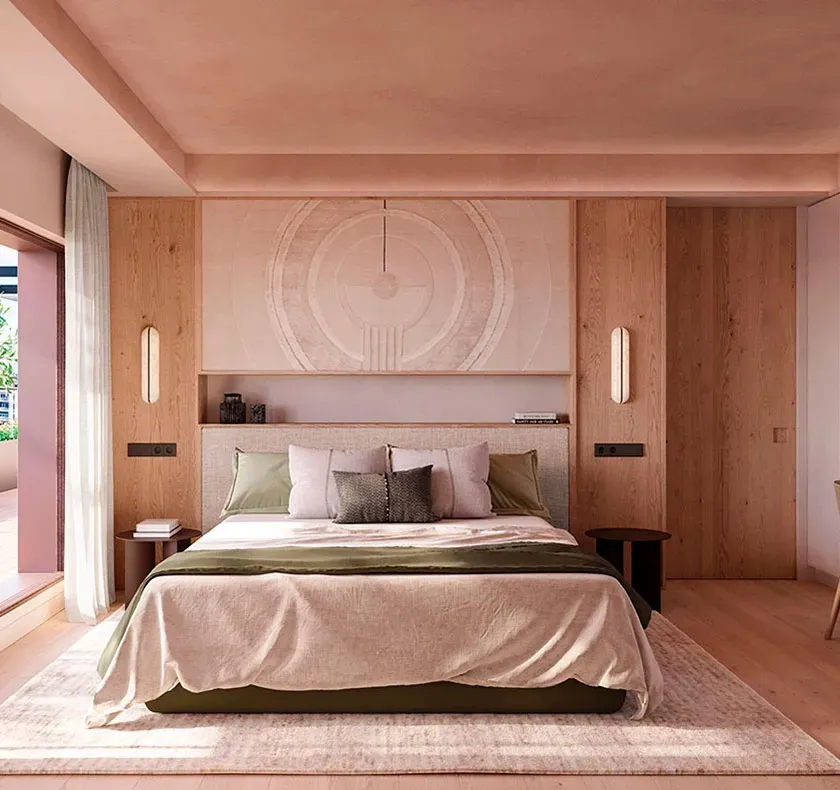 Master bedroom with refined architectural lines, earthy palette, and luxury finishes opening onto a sunny terrace.