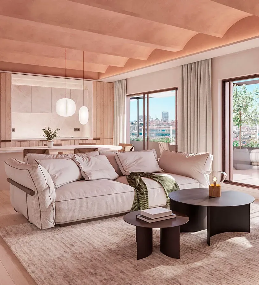 Corner living space blending luxury architecture, soft lighting, and panoramic views through large glass doors.