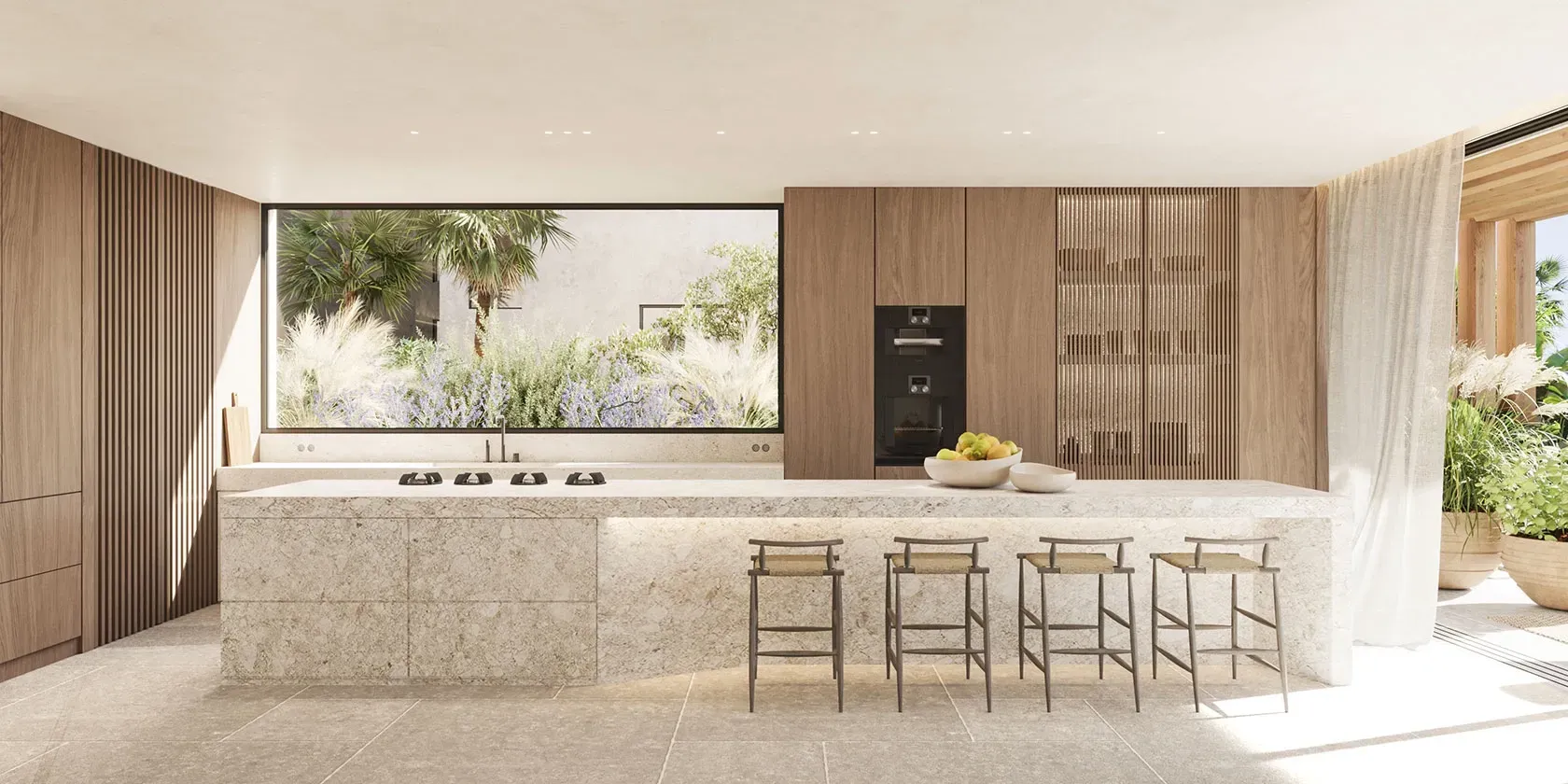 Contemporary kitchen by LUV Studio with a long stone island, wood cabinetry, and lush views, combining refined materials with seamless openness.
