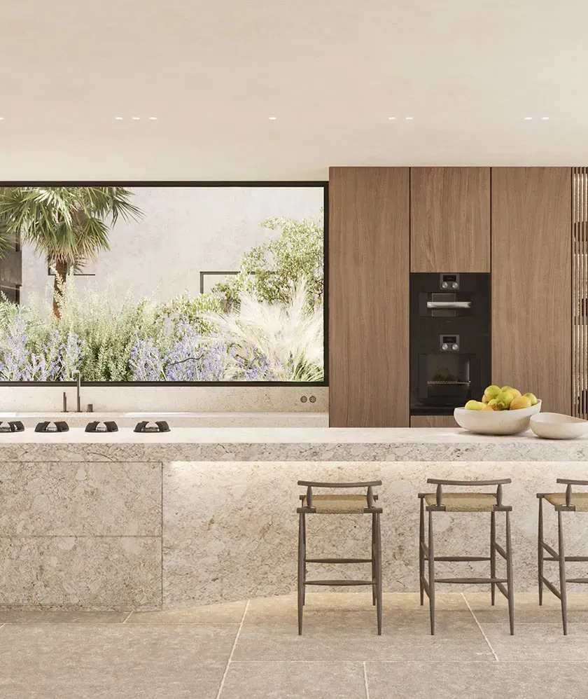 Contemporary kitchen by LUV Studio with a long stone island, wood cabinetry, and lush views, combining refined materials with seamless openness.