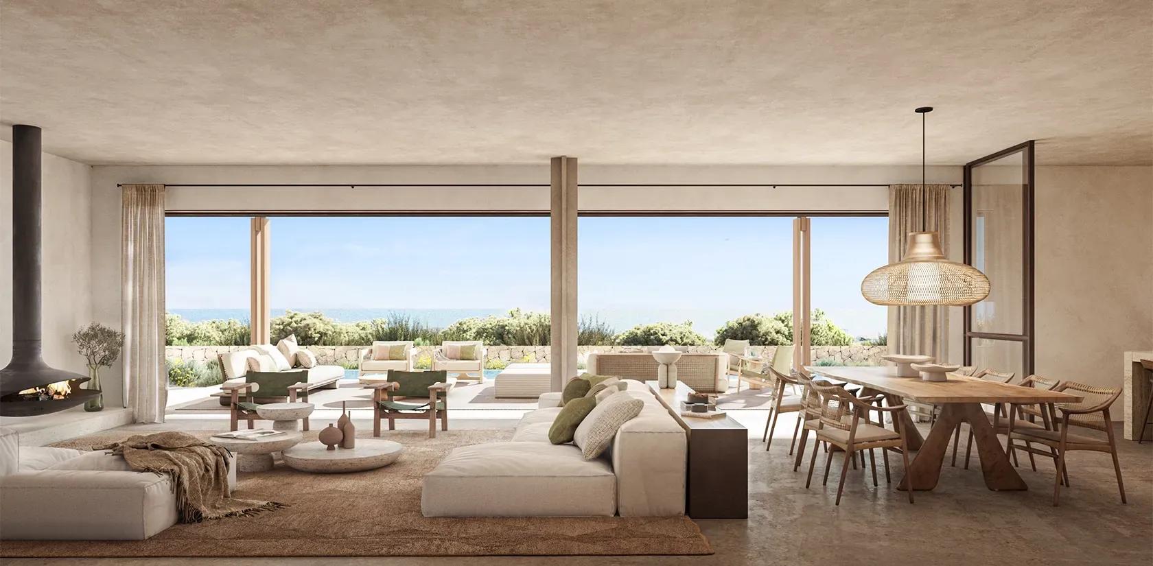 Sun-drenched living space featuring clean architectural lines, warm textures, and direct views of nature.