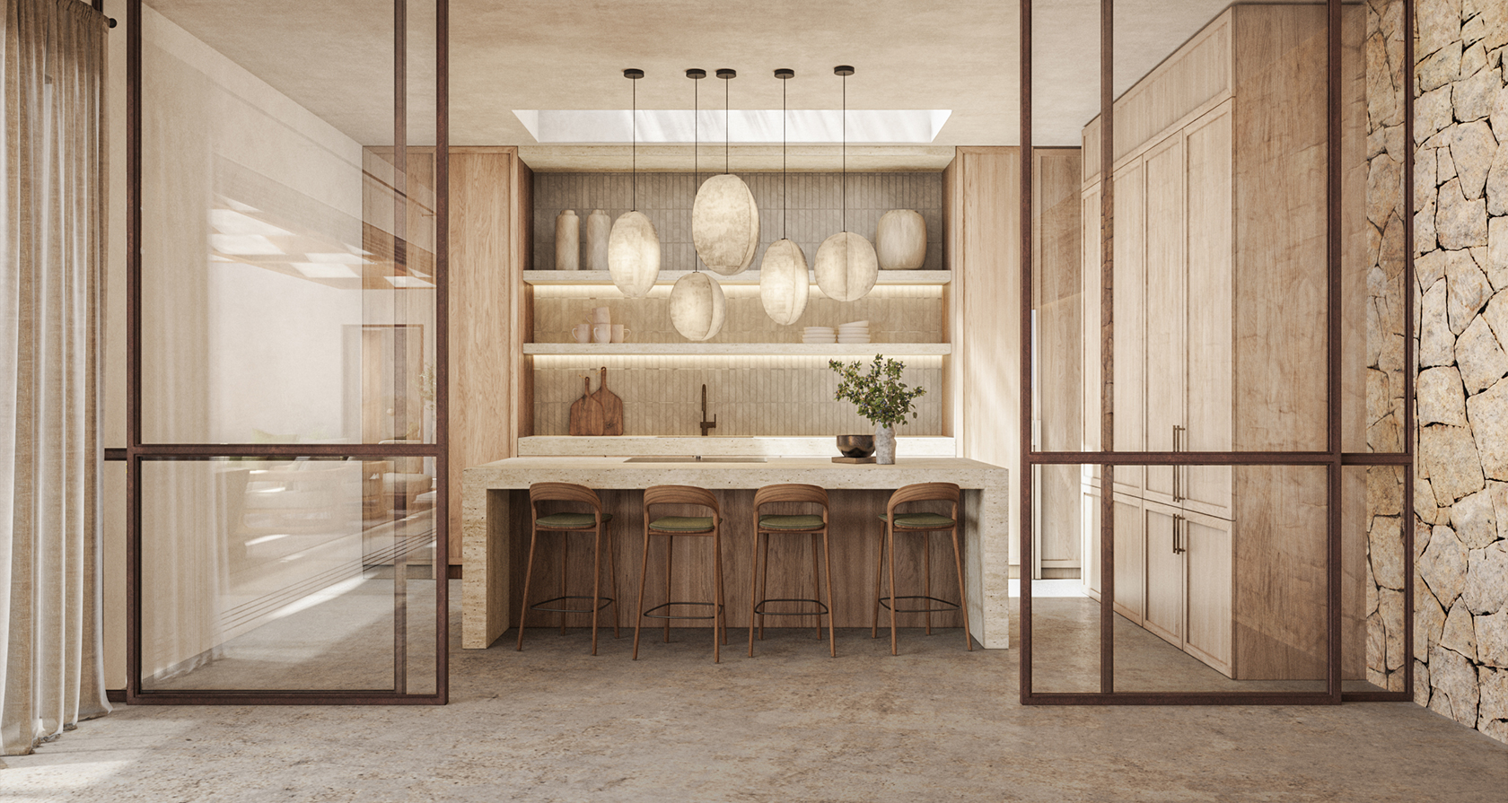 Refined kitchen design with natural stone island, sculptural pendant lighting, and warm wood tones in a luxury architectural setting.