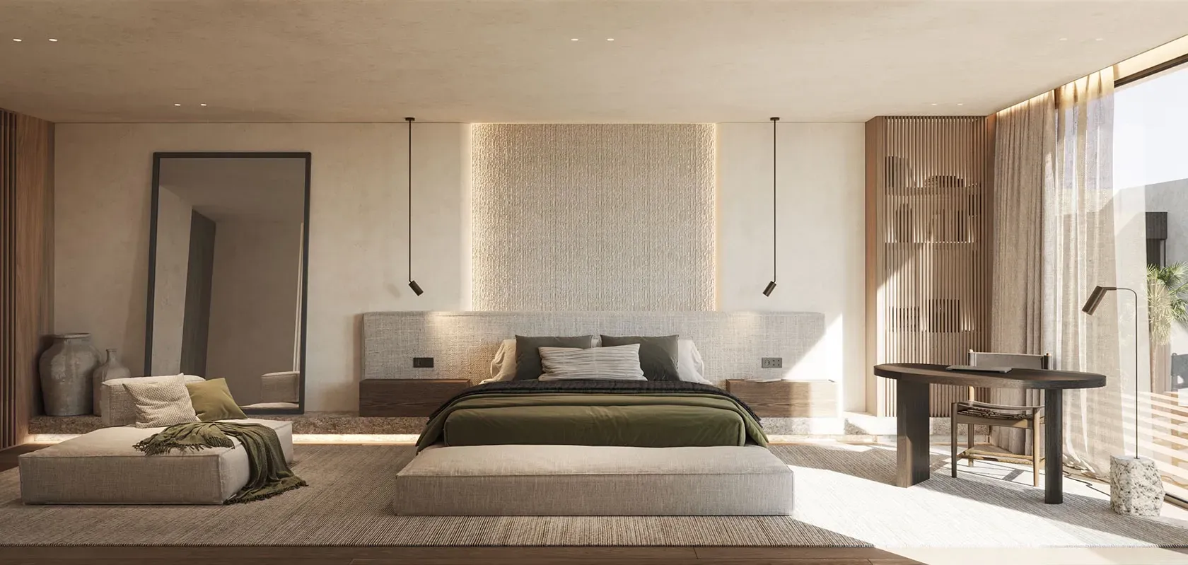 Serene master suite with textured walls, earth-toned bedding, hanging lights, and a private workspace, designed for calm and elevated living.
