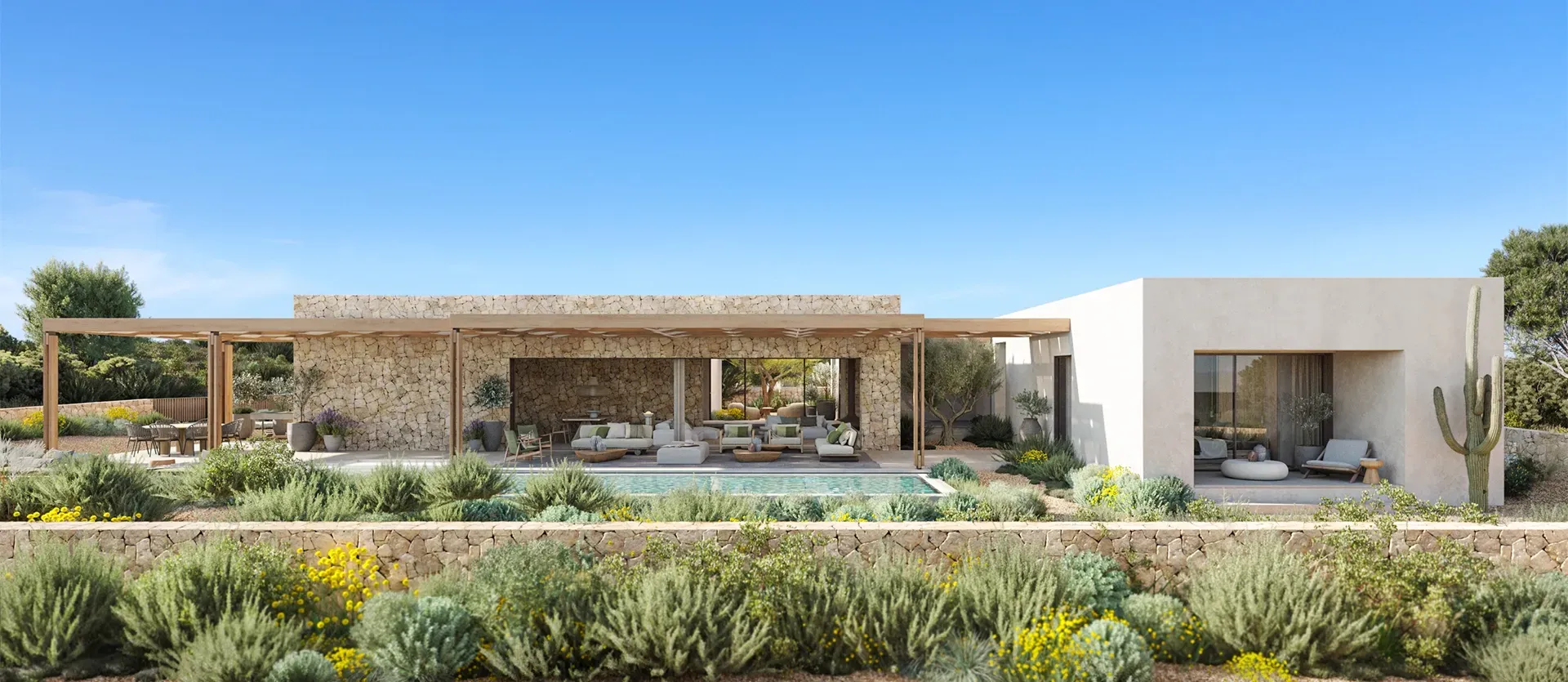 Frontal view of a luxury villa with white sculptural volumes, coastal vegetation, and ocean backdrop.