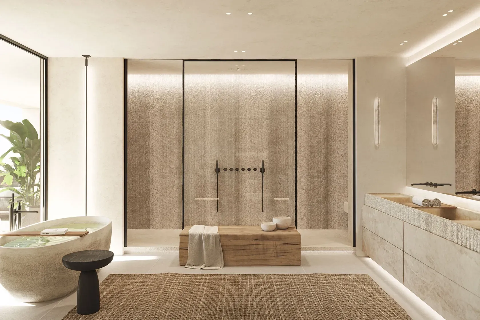 Spa-like master bathroom with textured walls, freestanding stone bathtub, double sinks, and natural tones, combining comfort and sophistication.