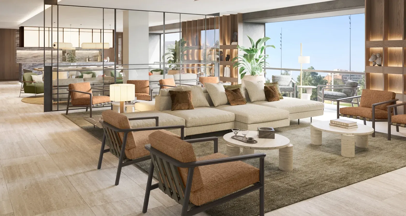 Elegant social lounge with beige modular sofas, warm lighting, and panoramic views, blending luxury interior design with natural textures.