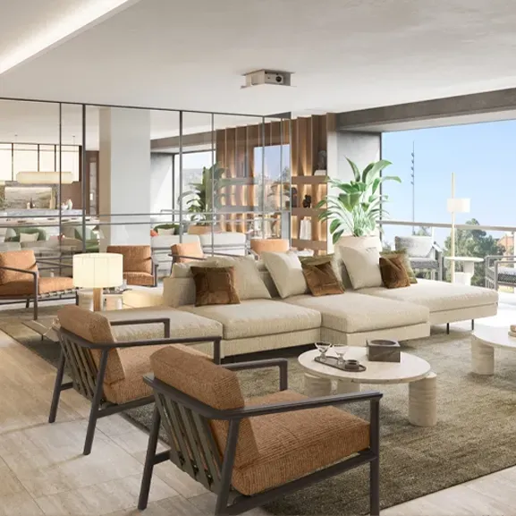 Elegant social lounge with beige modular sofas, warm lighting, and panoramic views, blending luxury interior design with natural textures.