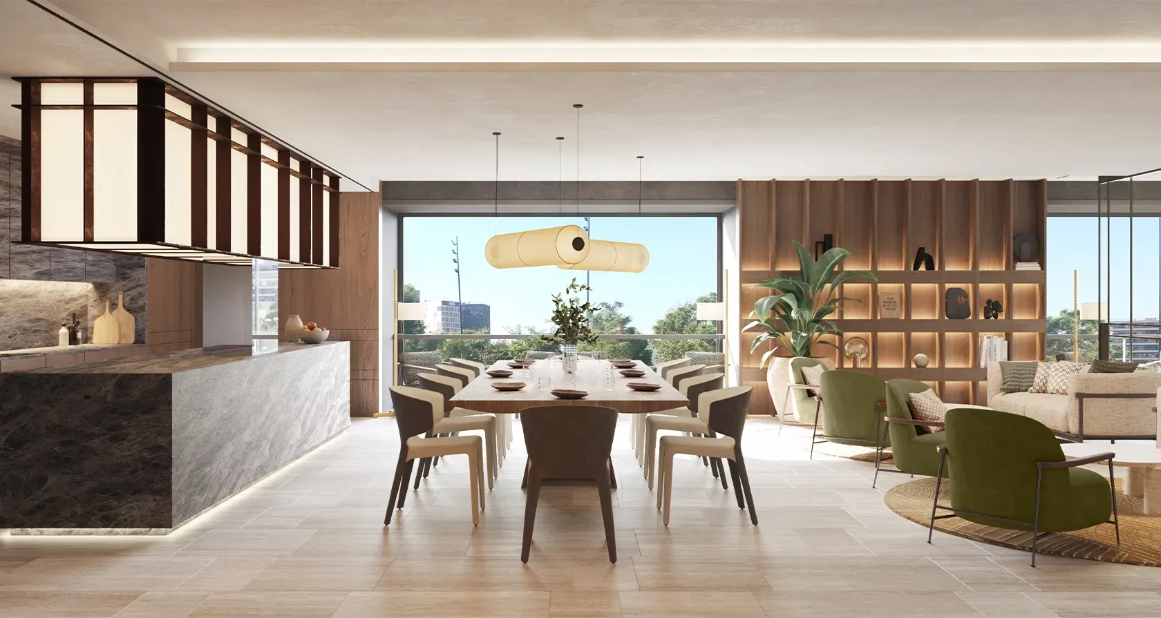 Contemporary dining area with long wooden table, sculptural lighting, and stylish green armchairs in a refined open-concept living space.